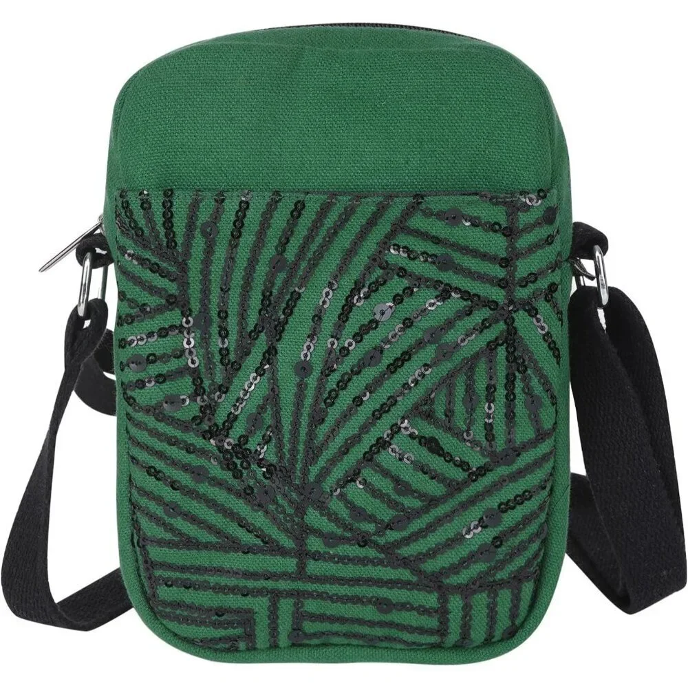 Canvas Crossbody Bag Girls Women Cotton Sequin Embroidery Compact Stylish